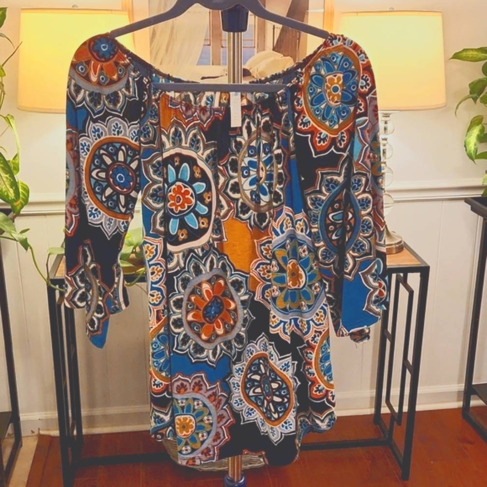 Medium Paisley Grace top, 95% polyester 5% spandex, golds, teals, black